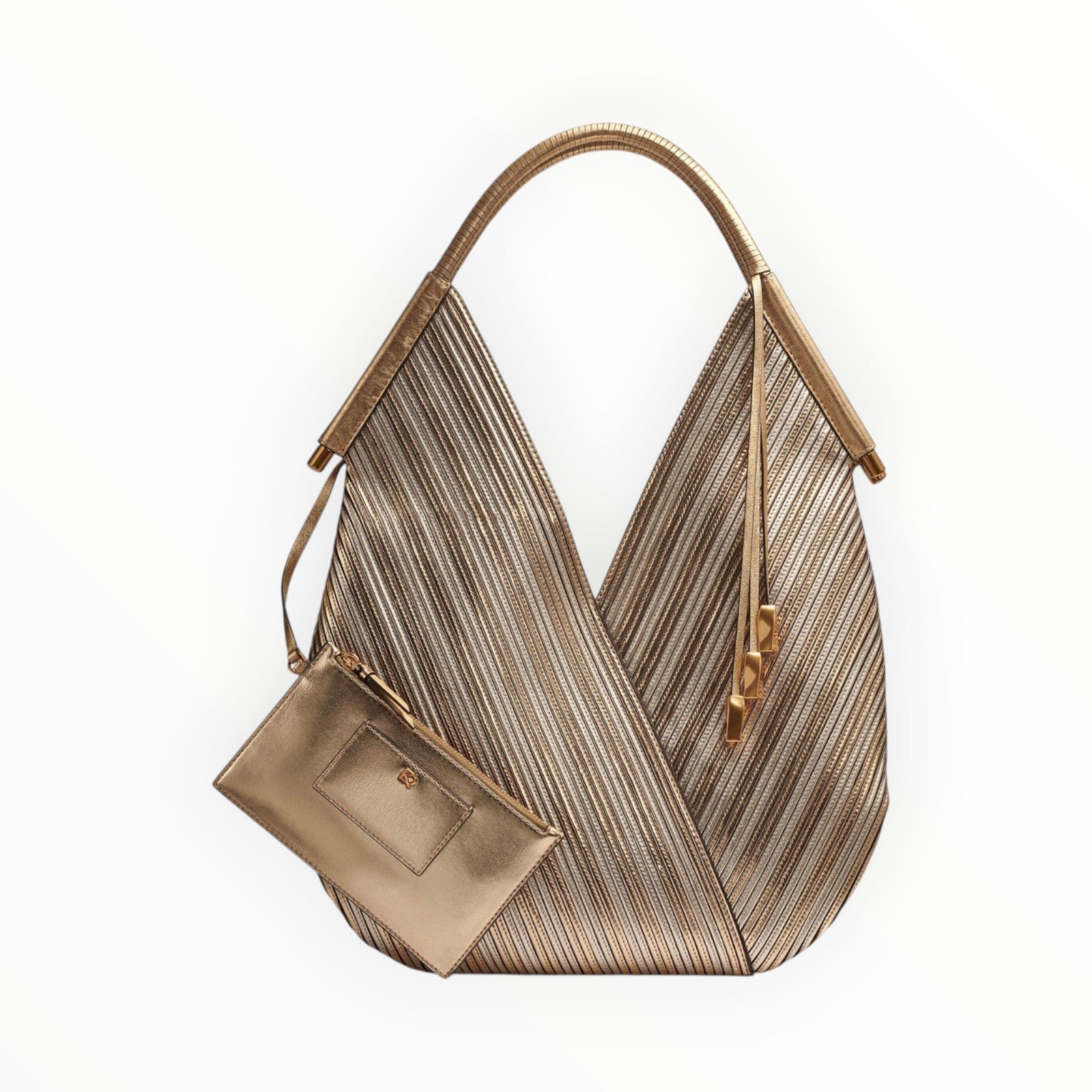 Donna Karan New York Pleated Metallic Hobo Handbag With Matching Pouch